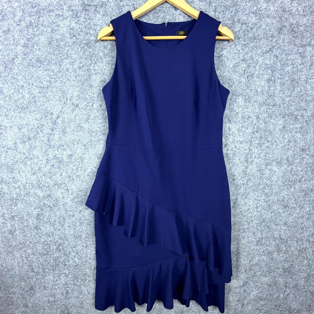 ILE New York Sheath Dress Womens 10 Blue Stretch Ruffled Hem Layered Office Chic
